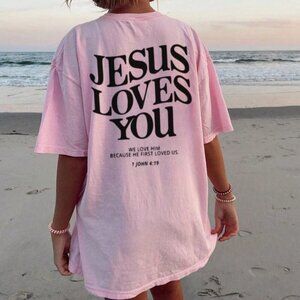 Pink Casual Women's Jesus Loves You Round Neck Short Sleeved T-Shirt